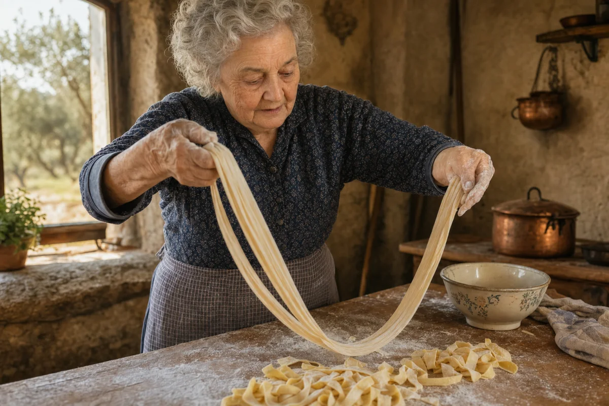 Third AI image variation preserving the grandmother while moving the scene to a Tuscan kitchen