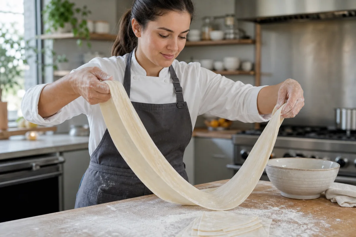 Second AI image variation replacing the grandmother with a young chef and the pasta with a wide noodle