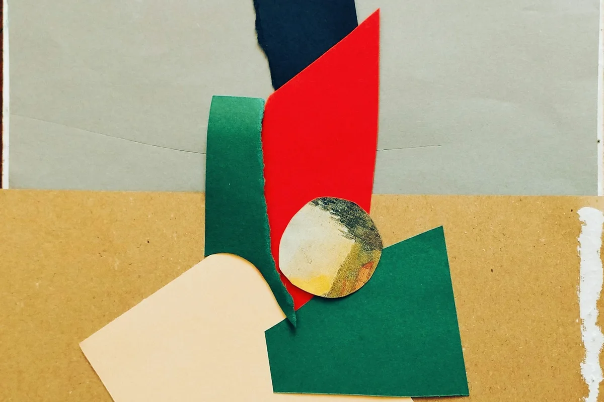 Paper editorial collage for a mixed media prompt tags example