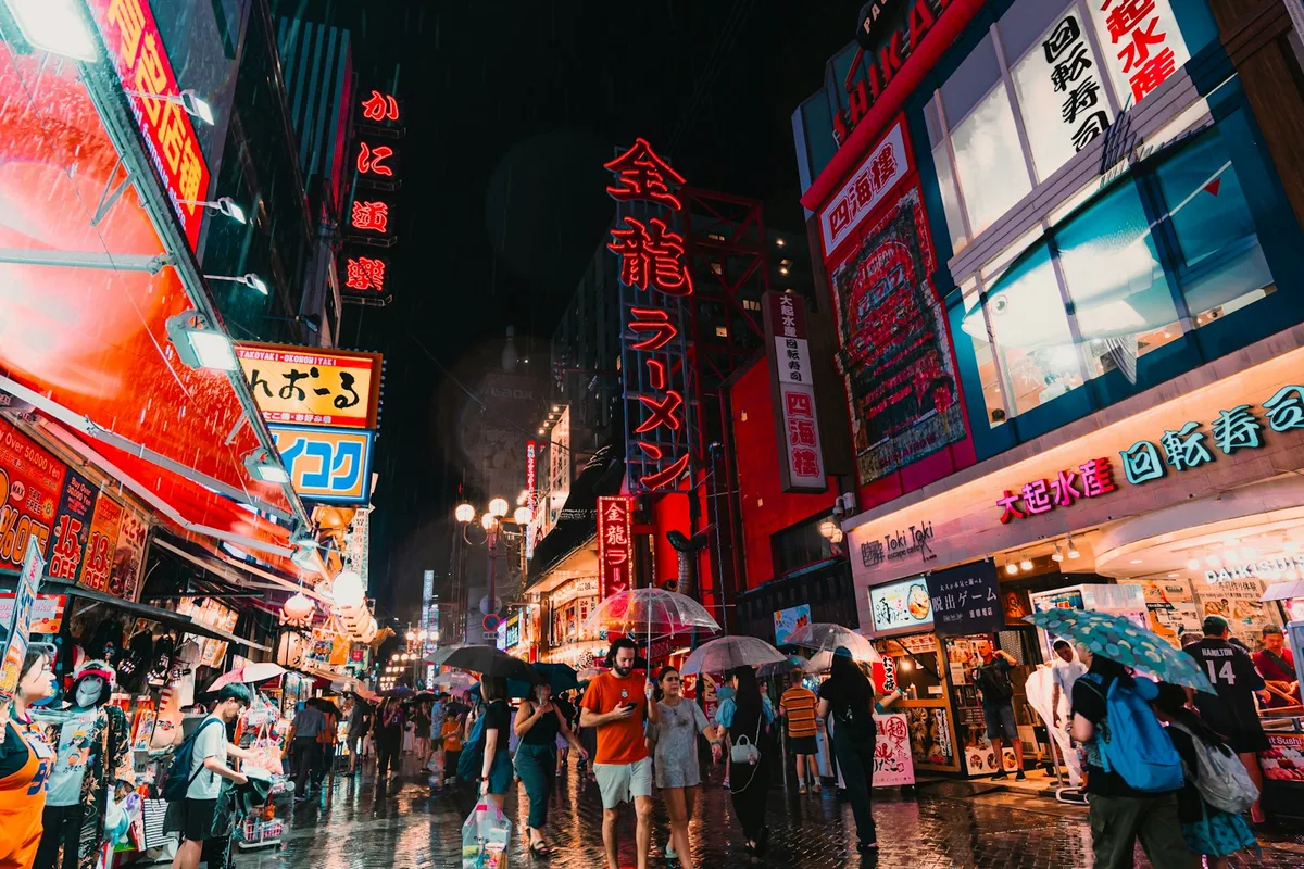 Rainy neon street for a cinematic image prompt tags example