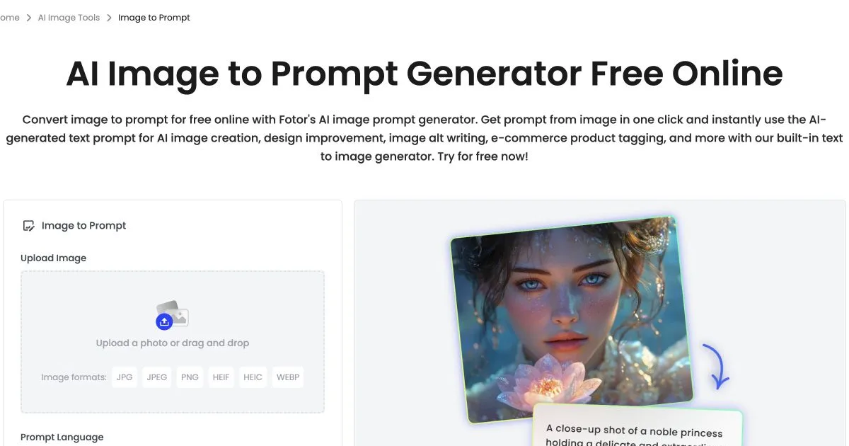 Fotor image to prompt interface with upload and prompt language controls