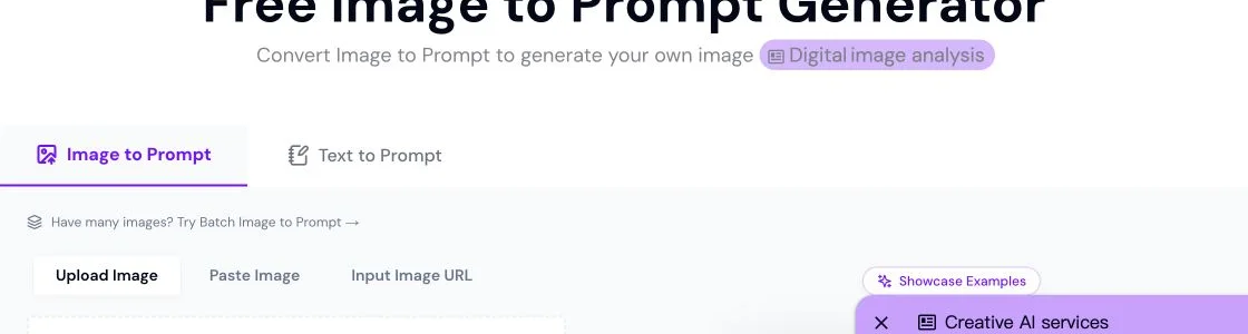 ImagePrompt.org interface showing upload, paste, image URL and batch options
