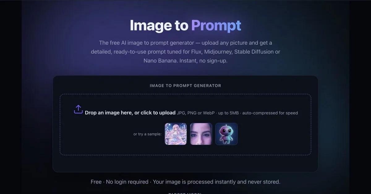 ImageToPrompt.me upload interface with target model and output format controls